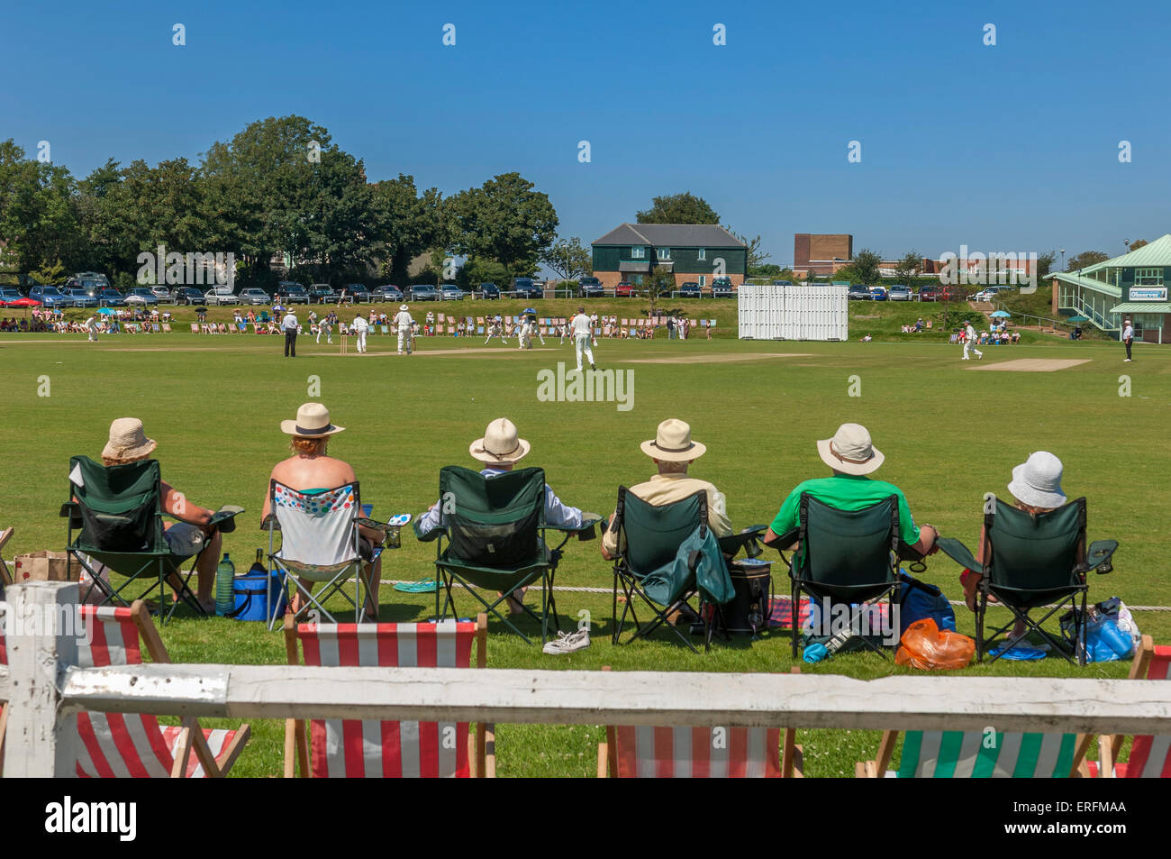 Spectators at a cricket match. Horntye Park, Hastings, East Sussex, England, UK Stock Photo