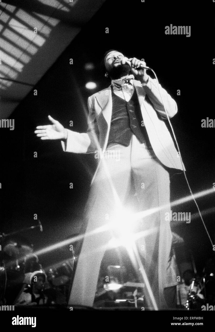 Marvin Gaye - portrait of the American soul and R&B singer performing at the Bingley Hall, Birmingham, England in 1976. MG: 2 Stock Photo