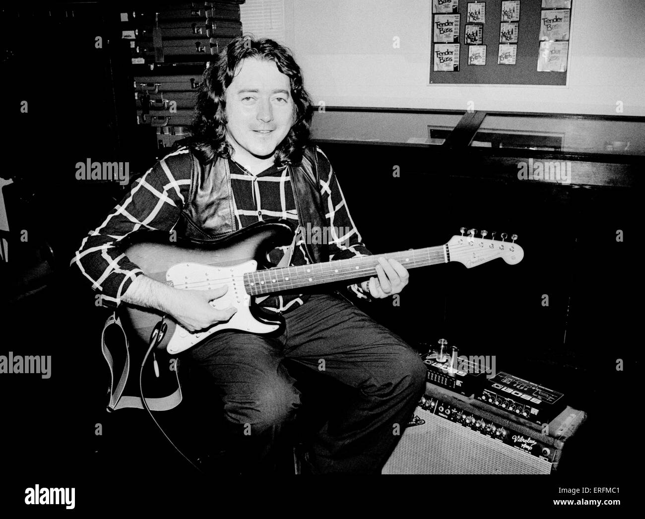 Rory Gallagher - portrait of the Irish blues / rock guitarist, taken in June 1989 at the Roland UK premises in Brenford, to Stock Photo