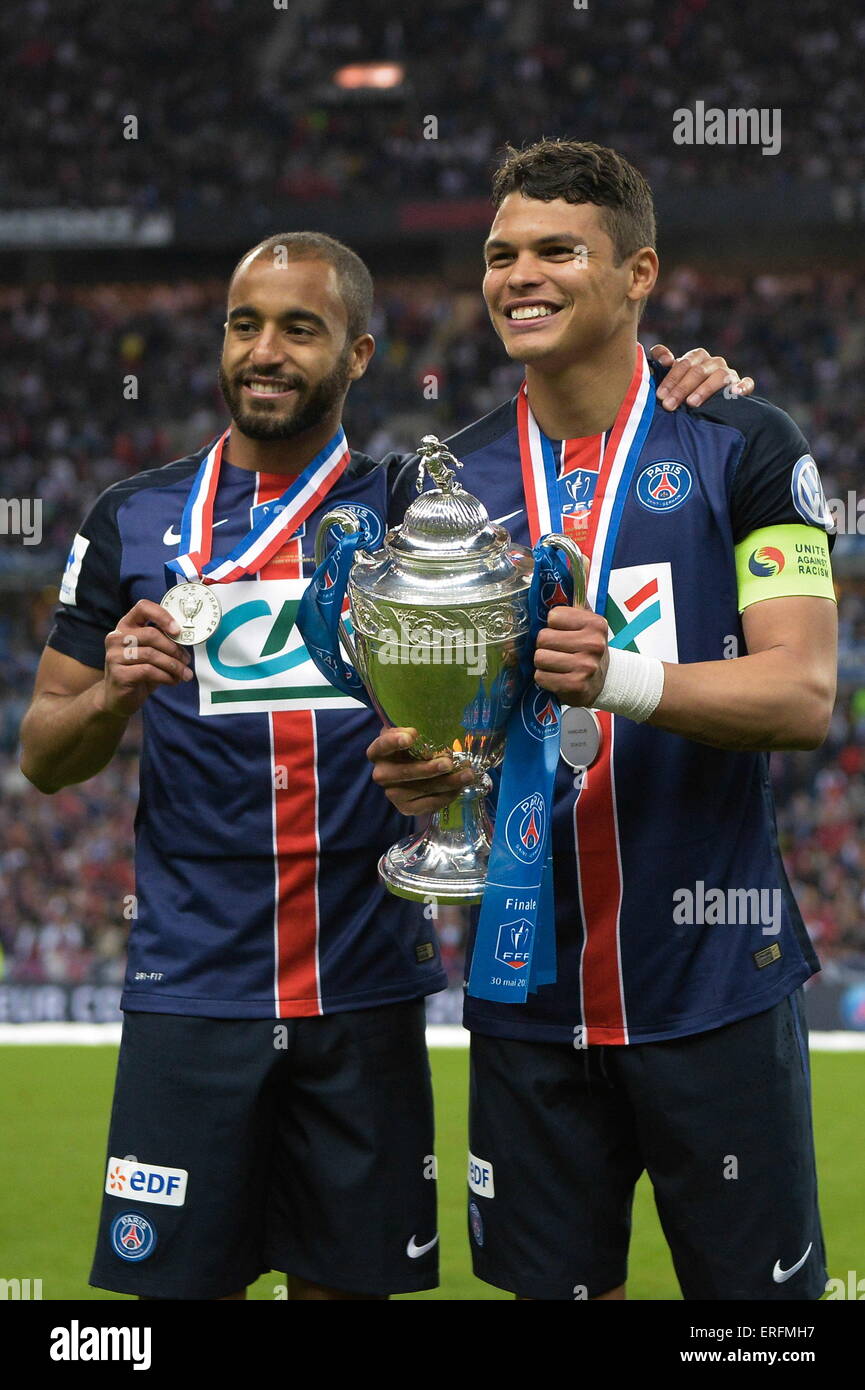 Joie PSG - Lucas Moura/Thiago Silva - 30.05.2015 - Auxerre/Paris Saint Germain - Finale Coupe de France.Photo : Andre Ferreira/Icon Sport Stock Photo