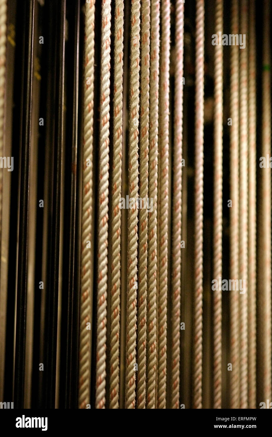 Fly gallery - ropes or roping at the side of a stage used to raise and lower scenery, curtains or tabs. Stock Photo