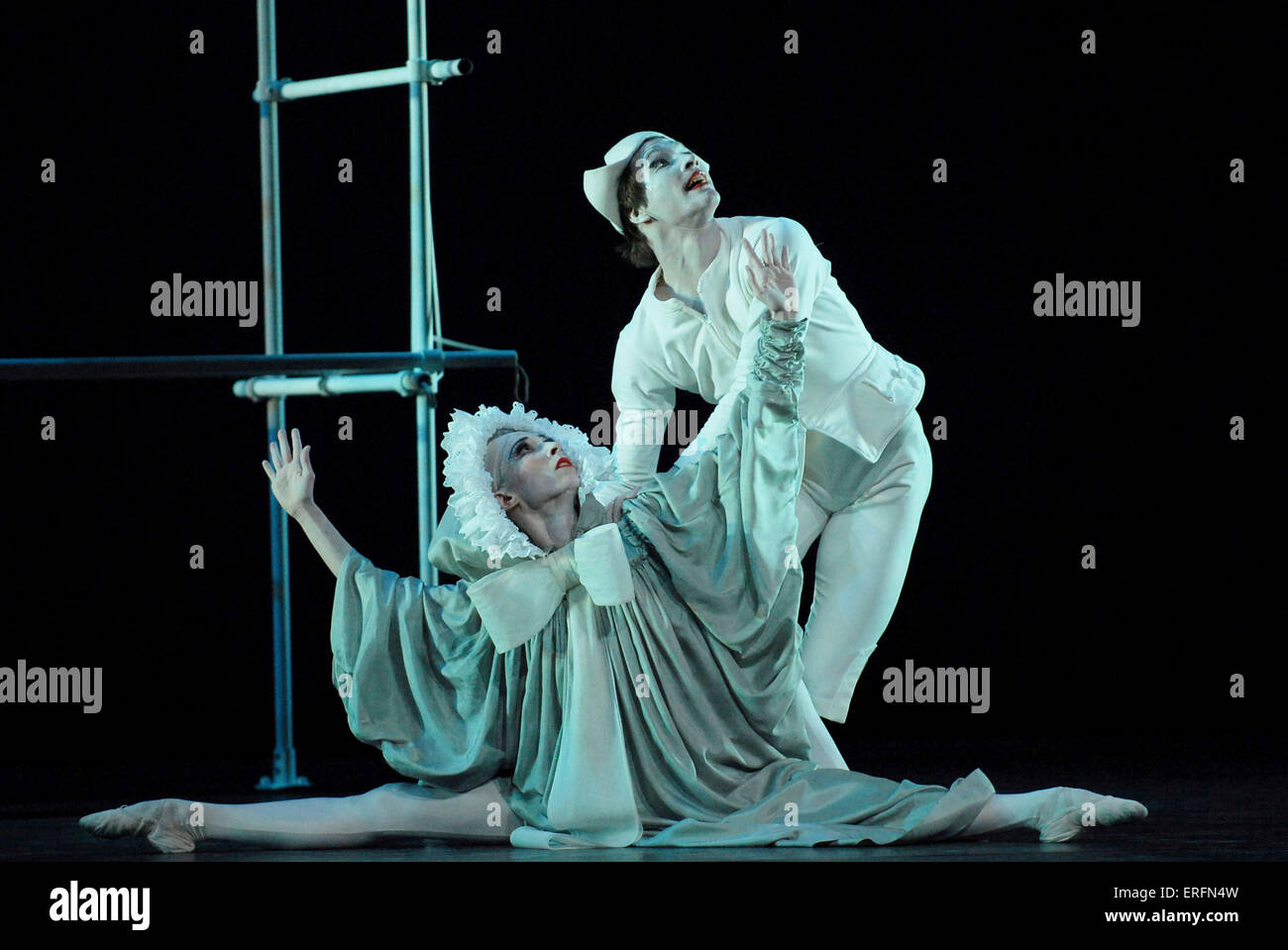 Arnold Schoenberg 's ballet 'Pierrot Lunaire' - Alexander Zaitsev as Pierrot and Mara Galeazzi as Columbine in a production at Stock Photo