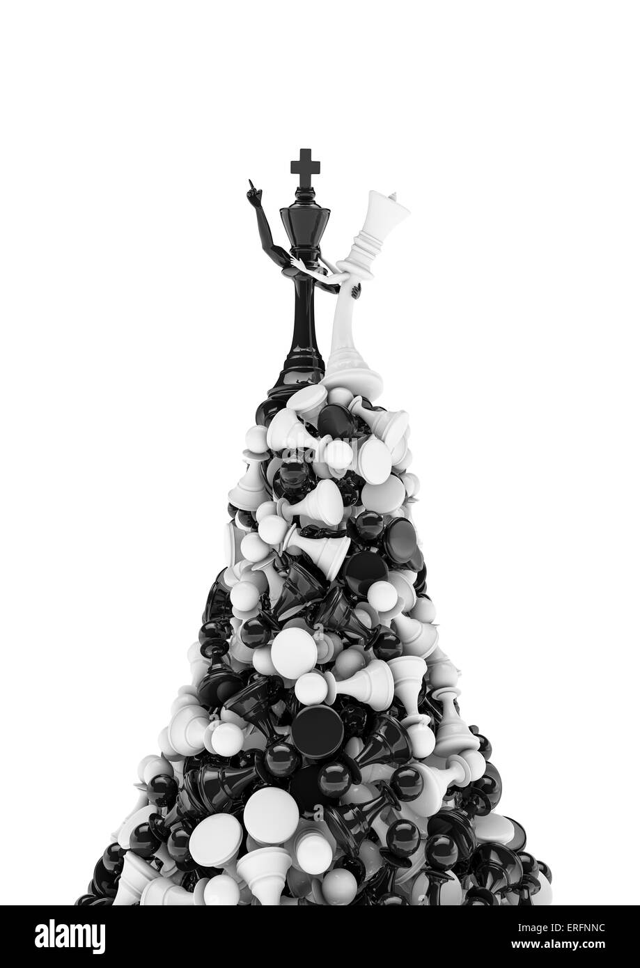 King of the hill, 3D render of black chess king and white queen on mountain of pawns Stock Photo