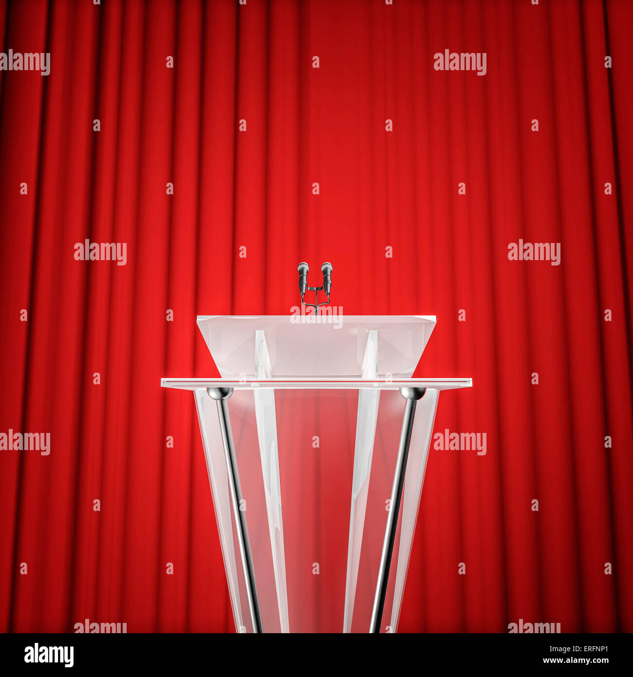 3D render of podium with microphones and curtain background Stock Photo