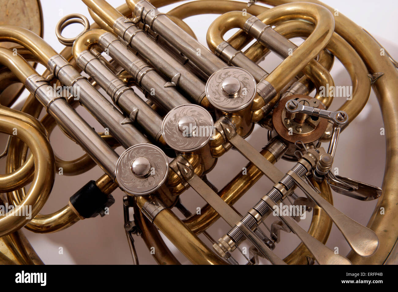 French Horn made by Alexander, (unlacquered instrument), with Rotary valves, and B flat valve Stock Photo