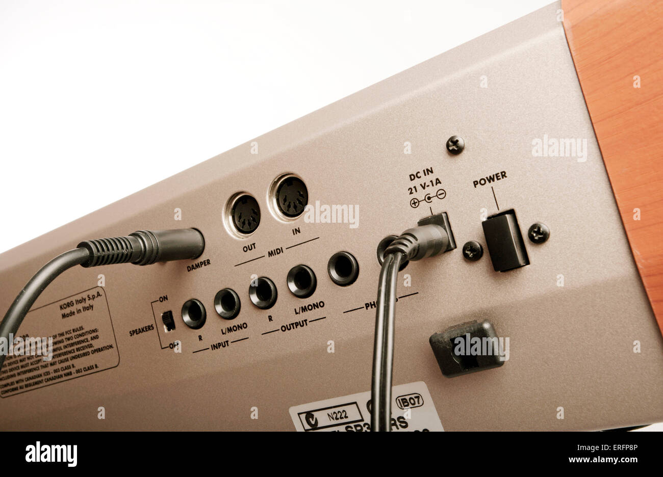 Power switch and sockets on a keyboard showing the jack (left Stock