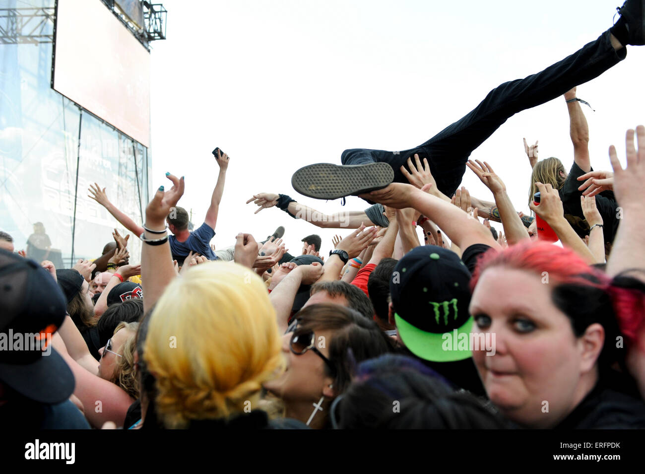 Crowd surfers at The 2015 Monster Energy Carolina Rebellion in Concord, North Carolina Stock Photo