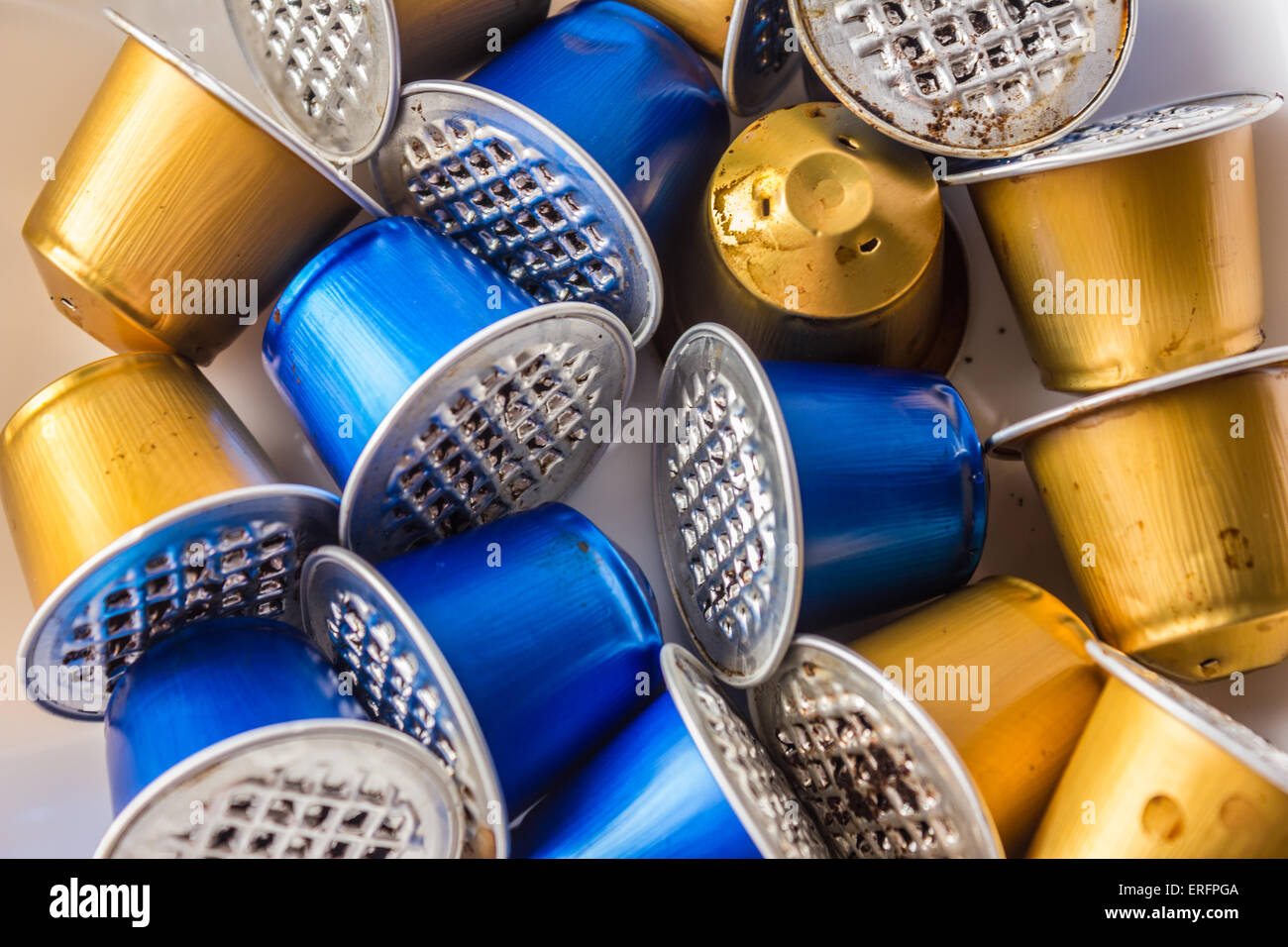 Spent or used empty Nespresso capsules, coffee capsules, aluminium