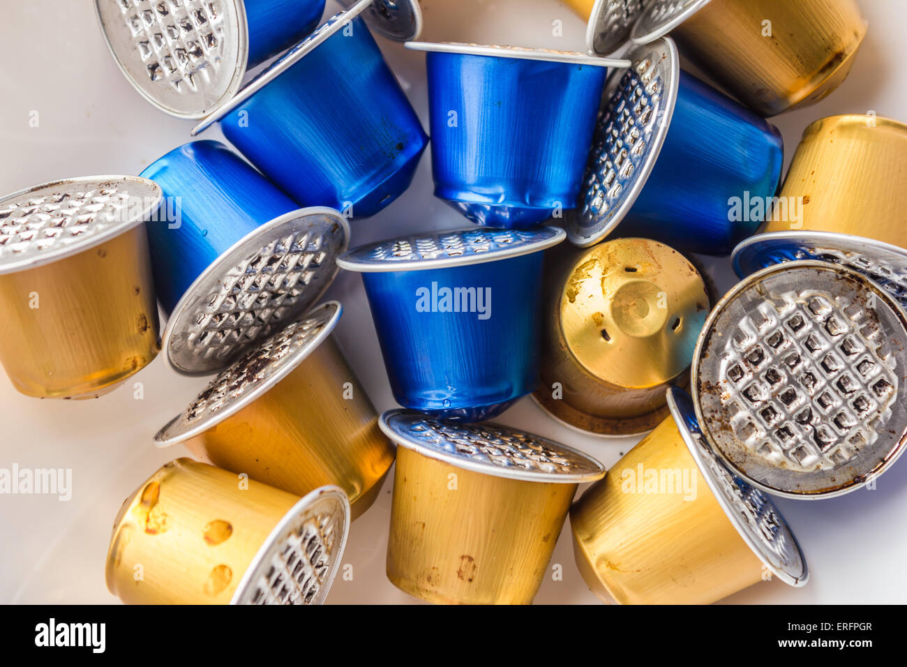 Spent or used empty Nespresso capsules, coffee capsules, aluminum