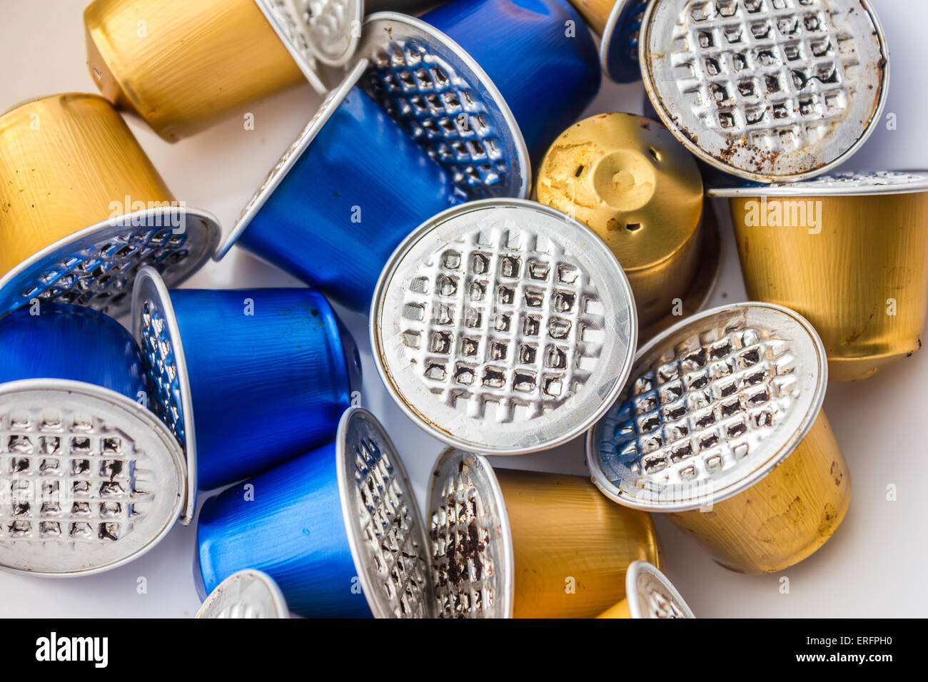 Spent or used empty Nespresso capsules, coffee capsules, aluminium capsules,  raw material recycling Stock Photo - Alamy