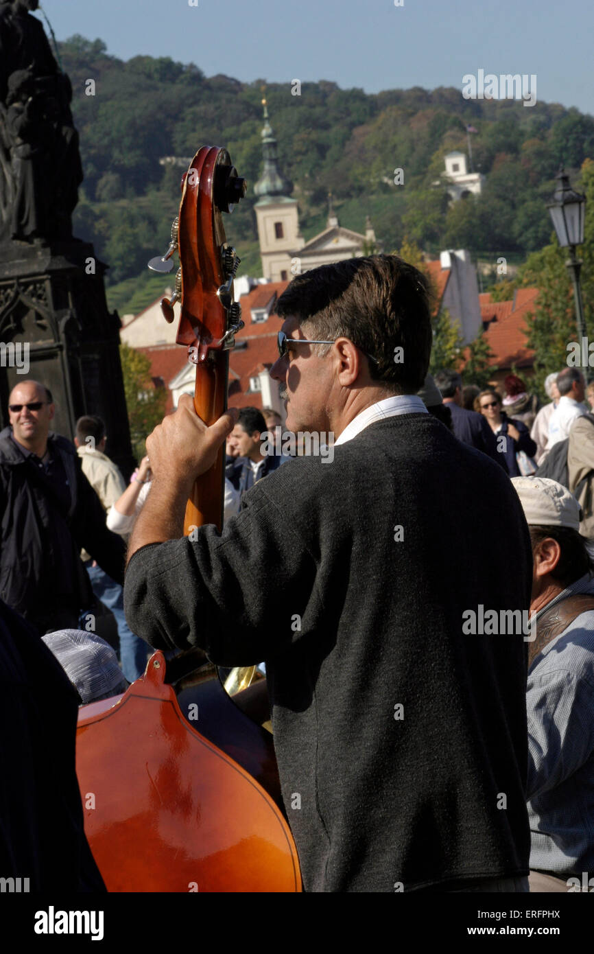 Street musician, double bass player - on the Charles Bridge, Prague. Stock Photo