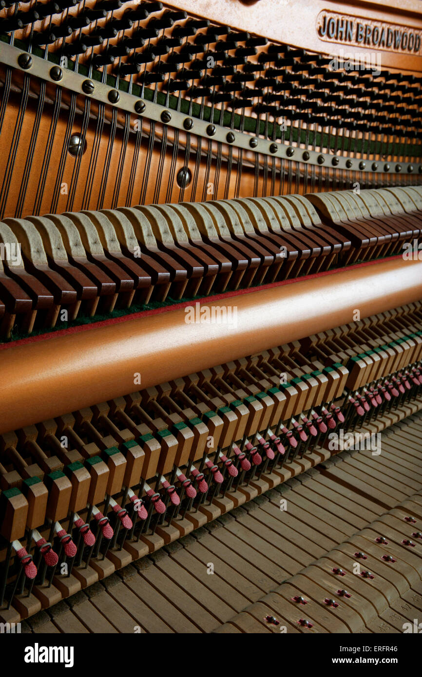 Interior of an upright piano made by John Broadwood, showing the action