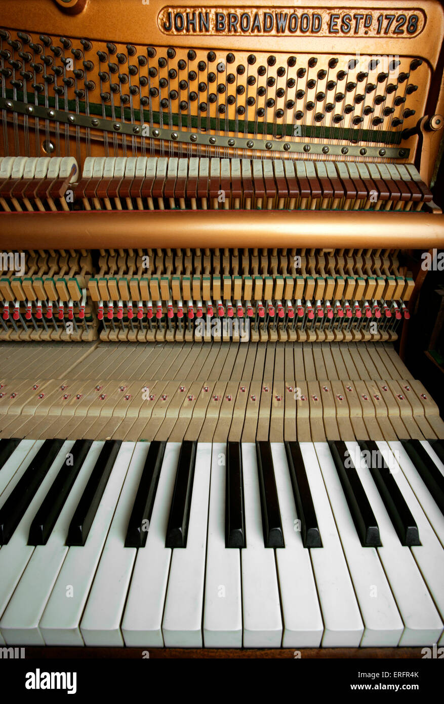 Interior of an upright piano showing the action or mechanism and the