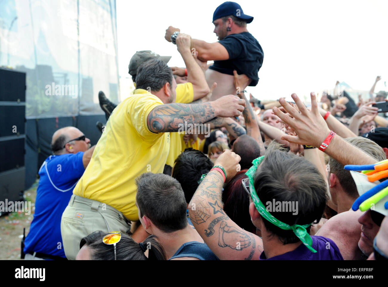 Crowd surfers at The 2015 Monster Energy Carolina Rebellion in Concord, North Carolina Stock Photo