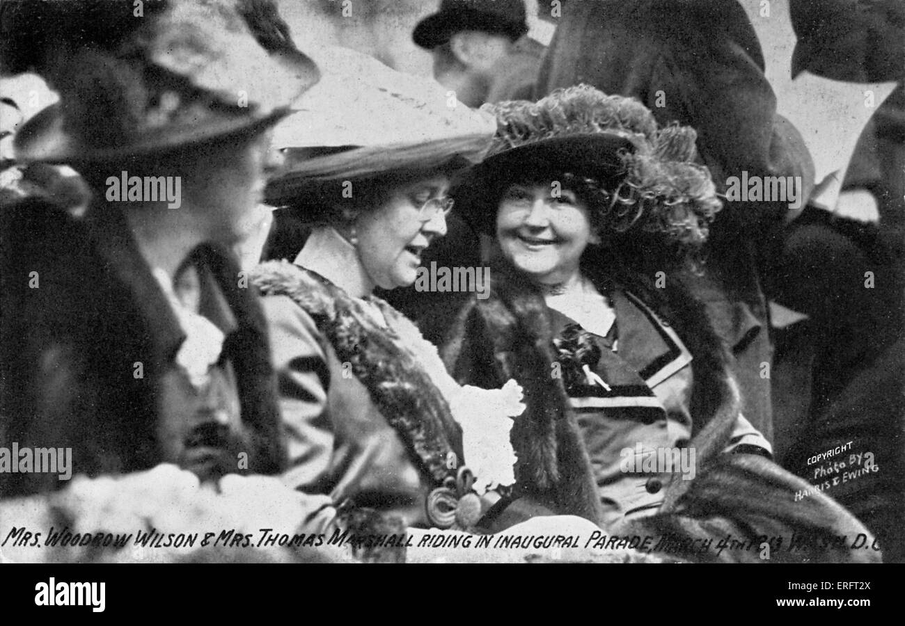 Inauguration of Woodrow Wilson: 4 March 1913, Washington DC. Caption reads: ' Mrs. Woodrow Wilson and Mrs Thomas Marshall riding in inaugural parade'. WW: 28th President of the United States, 28 December 1856 - 3 February 1924. Stock Photo
