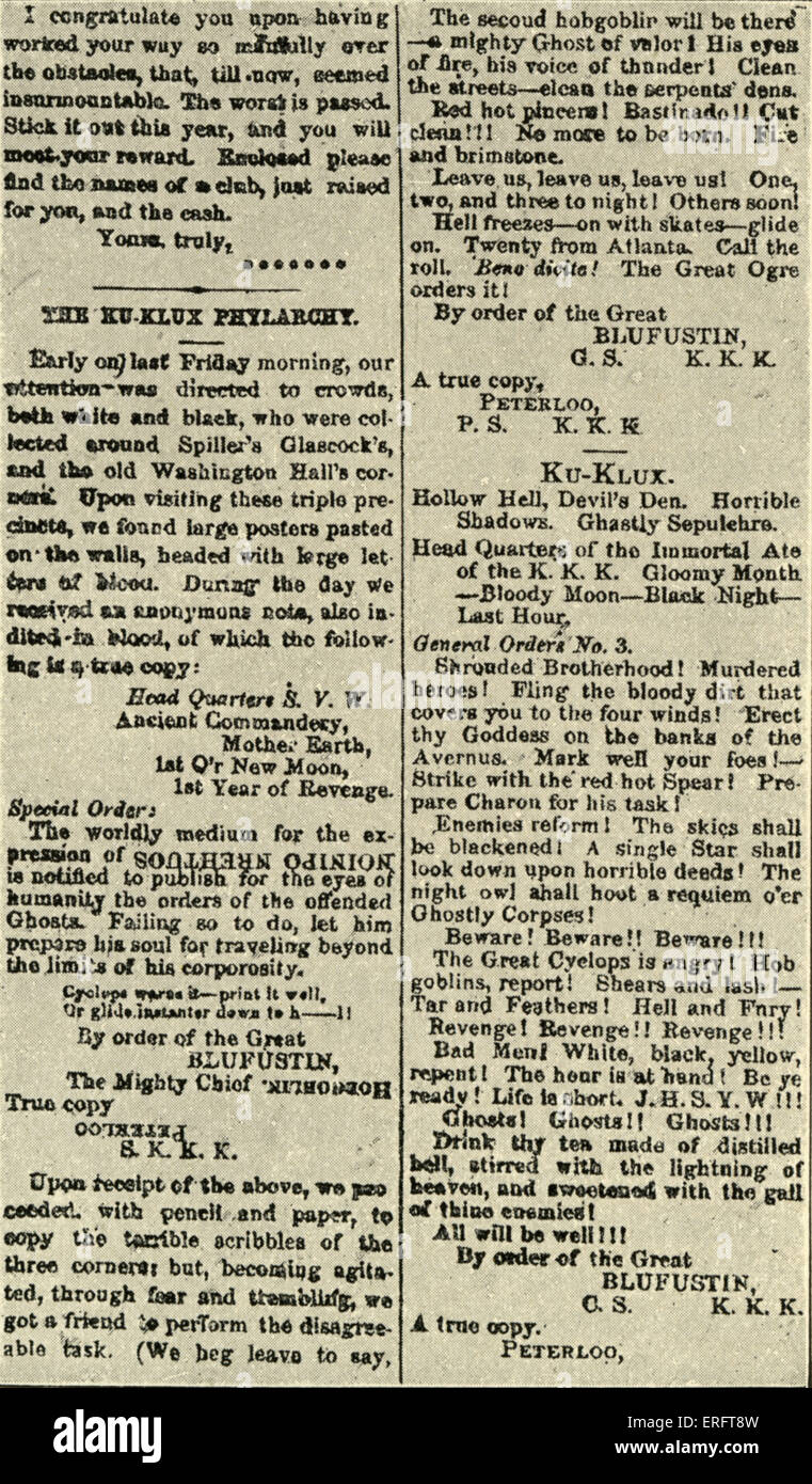 Ku Klux Klan - decree / order issued by the KKK, printed in the 'Independent Monitor', 1 April 1868. Stock Photo