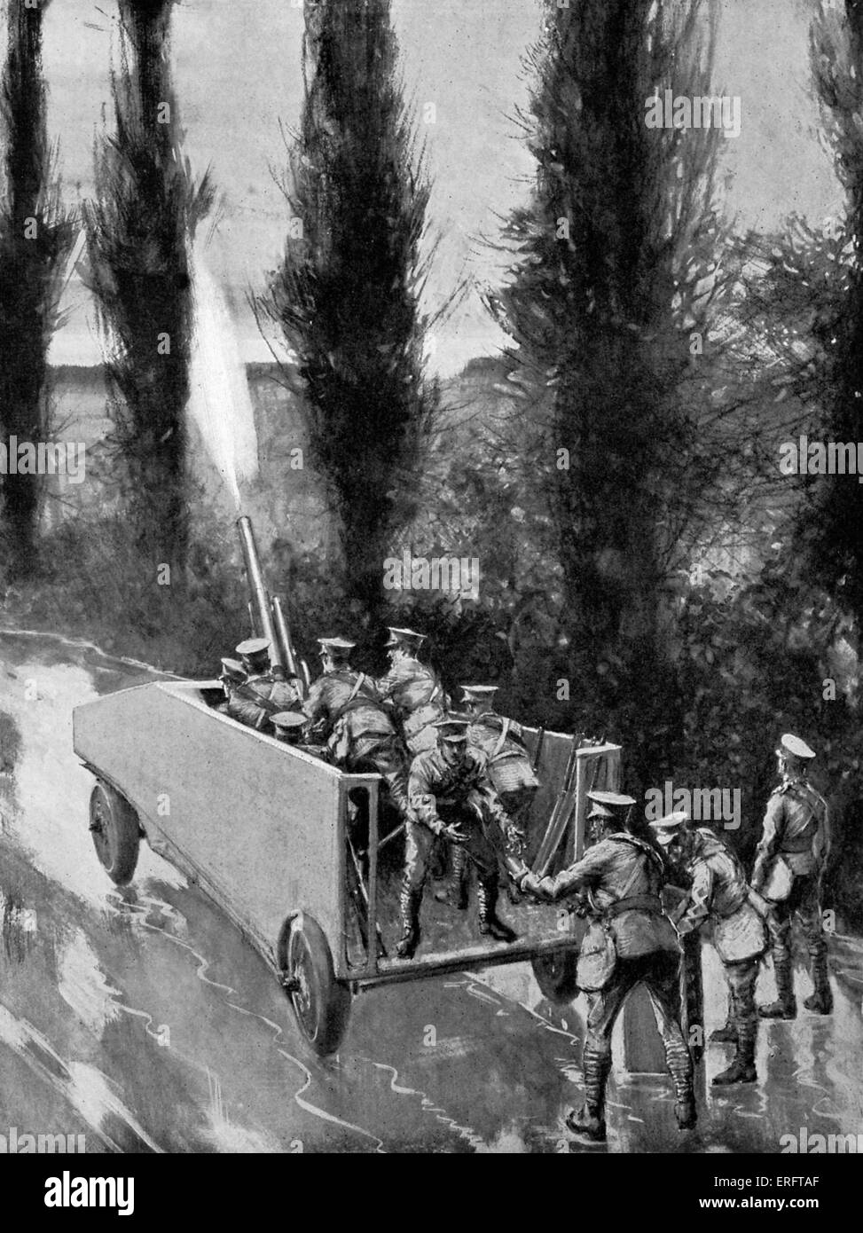World War I armoured car - Caption reads:  'A British anti-aircraft gun, mounted on an armoured car, in action against German Stock Photo