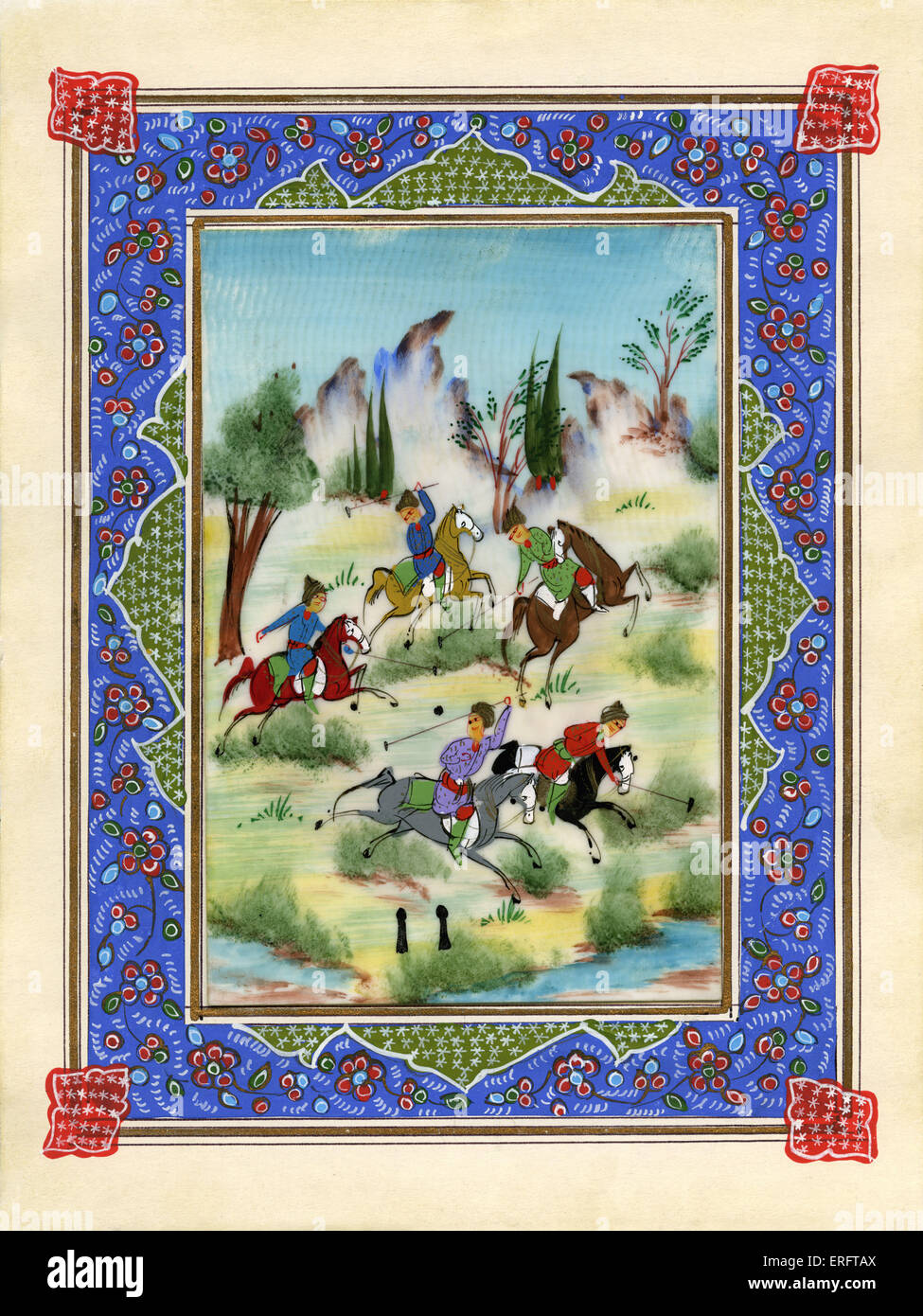 Persian men on horseback playing polo - miniature. Stock Photo