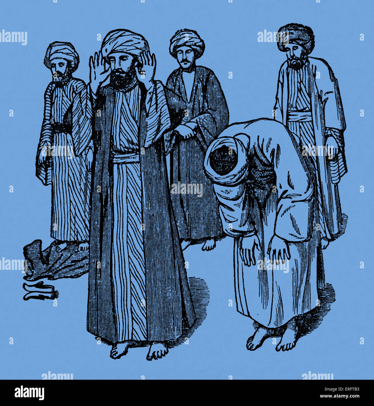 Muslim prayer positions - from 'Manners and Customs' by Lane (prayers are made five times a day). Stock Photo