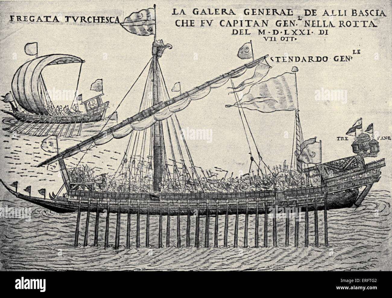 Turkish battleship in the 16th century - engraving by Melchior Lorichs. Stock Photo