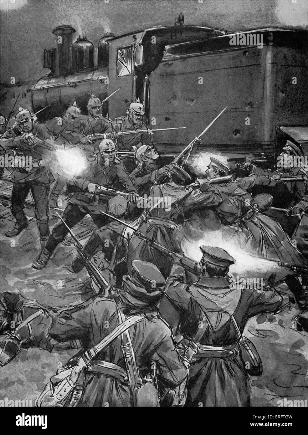World War I- A frontier skirmish between Russians and a German advance guard.' From  'The Red Book Of The War' by Herbert Stock Photo