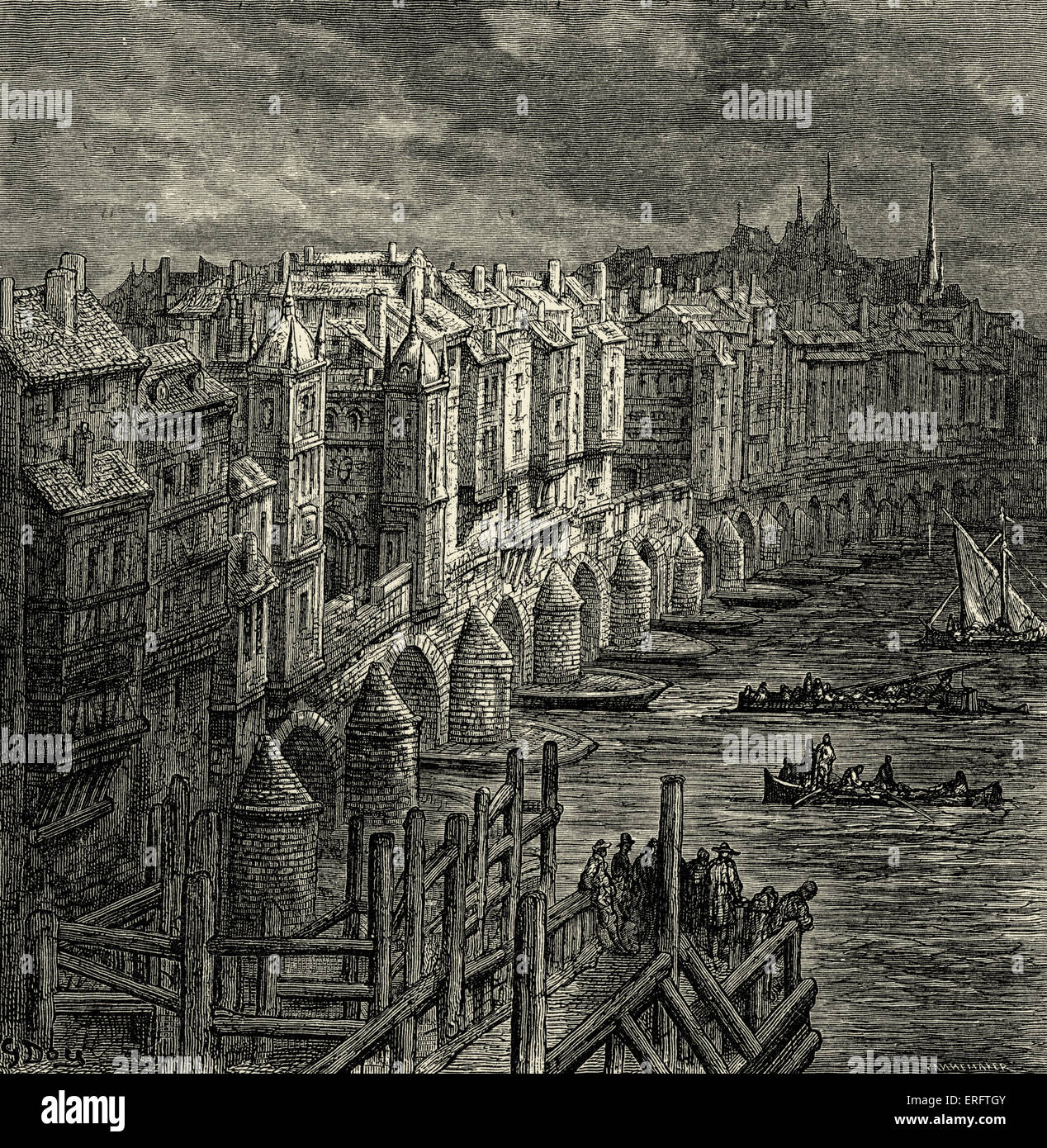 London Bridge. - showing houses built along the bridgeEngraving by Gustave Doré, from 'London, a Pilgrimage, by Gustave Doré and Blanchard Jerrold', 1872. Stock Photo