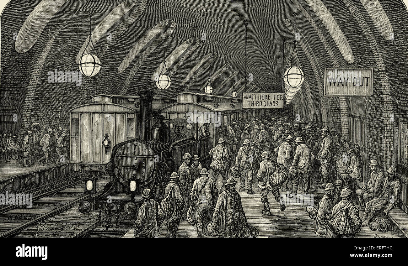 Victorian London underground station. Engraving by Gustave Doré, from 'London, a Pilgrimage, by Gustave Doré and Blanchard Stock Photo