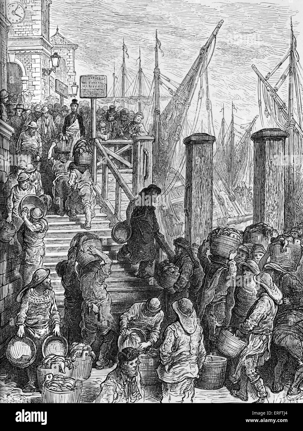 Victorian London Billingsgate, landing the fish - fishermen delivering the fish to Billingsgate. Engraving by Gustave Doré, from 'London, a Pilgrimage, by Gustave Doré and Blanchard Jerrold', 1872. Stock Photo