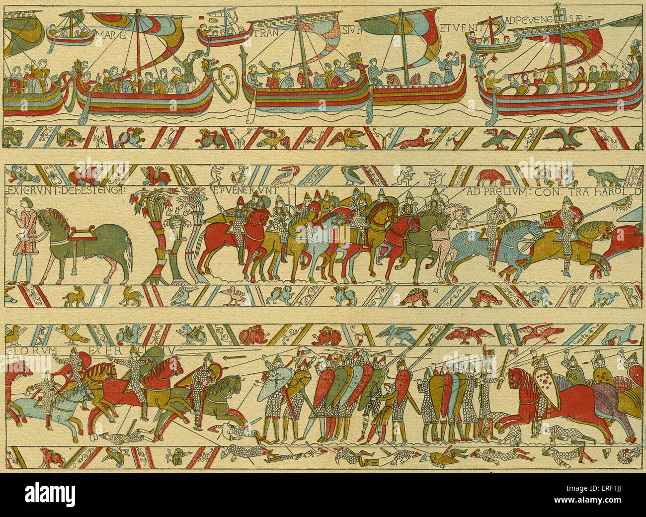 Bayeux tapestry. Norman attack on England - William the conqueror 's fleet crossing the Channel to invade England. Scenes of Stock Photo