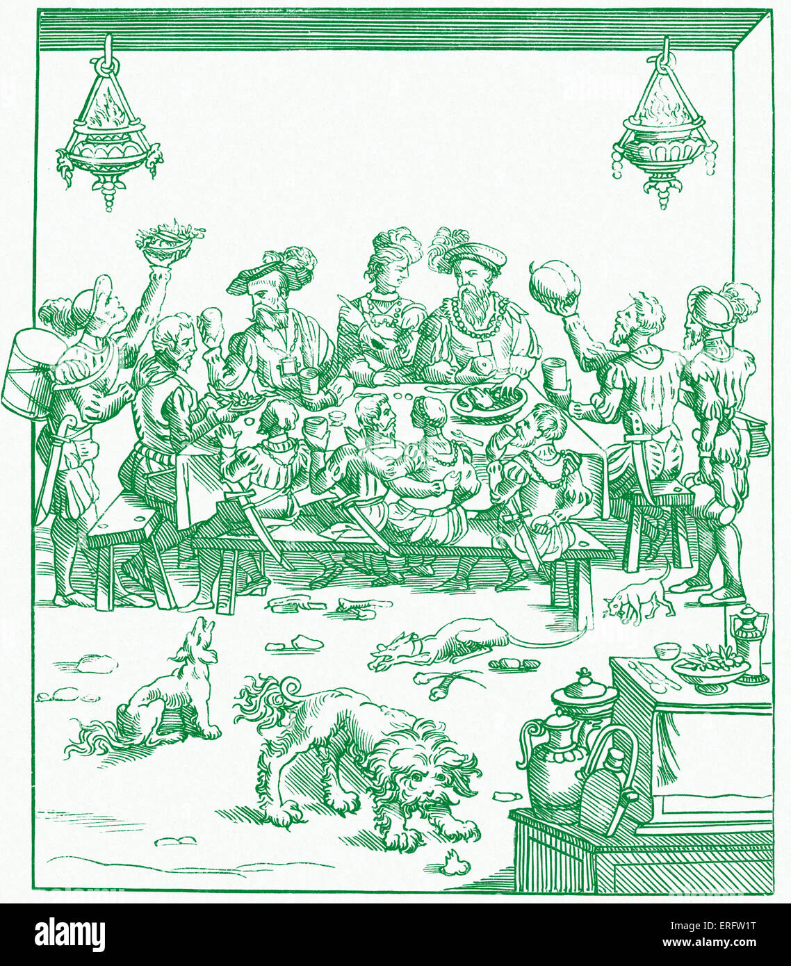 Italian medieval meal - the Issue de Table. Nobles and ladies around a table. Copy from a woodcut in the treatise of Christoforo di Messisburgo, Ferrara, 1549. Stock Photo