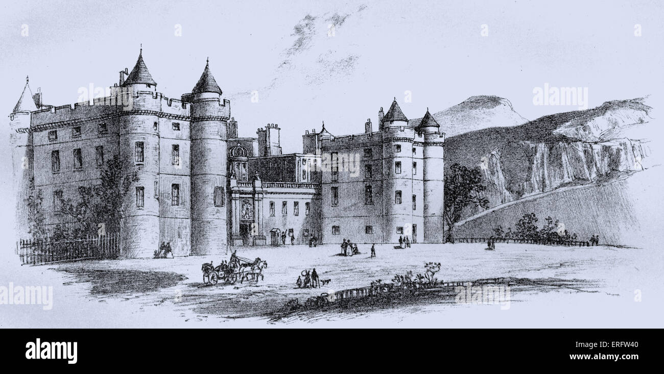 The Palace of Holyroodhouse, or informally Holyrood Palace, founded as a monastery by David I of Scotland in 1128, has served as the principal residence of the Kings and Queens of Scotland since the 15th century. The Palace stands in Edinburgh at the bottom of the Royal Mile. Stock Photo