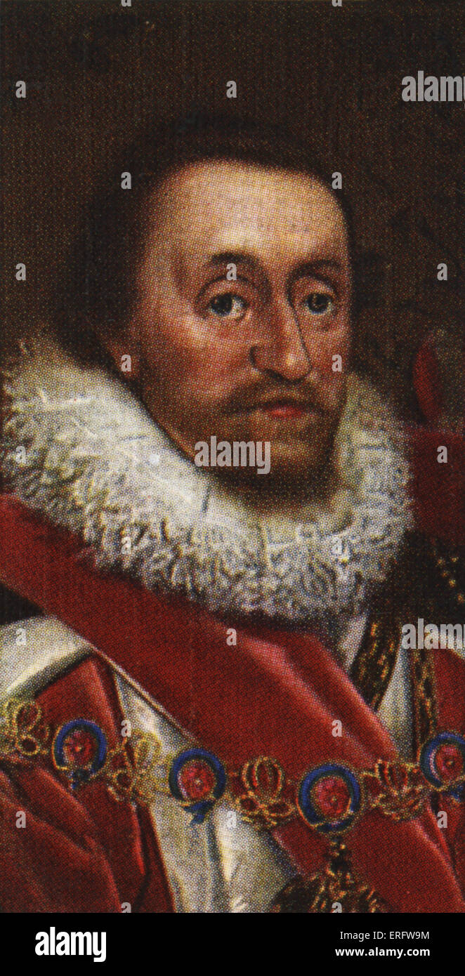 King James I portrait  (Reigned 1603 - 1625 in England and from 1567 onwards in Scotland). The son of Mary queen of Scots and Stock Photo