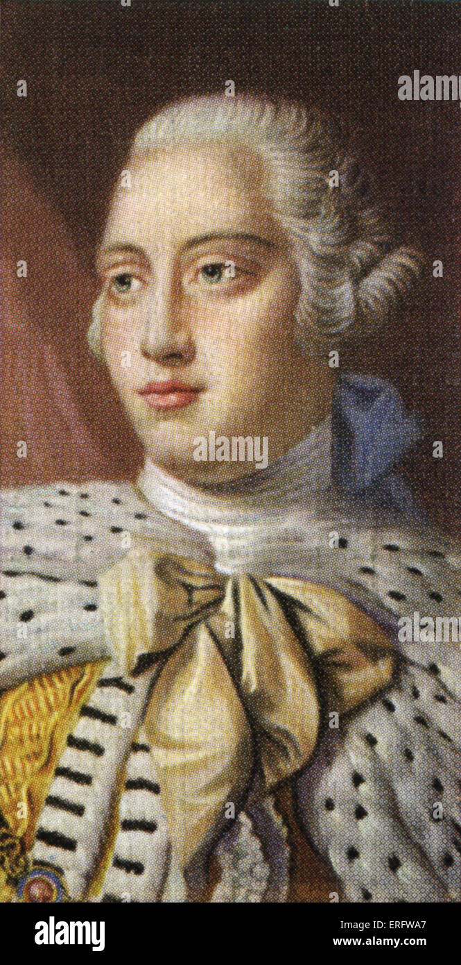 King George III portrait (Reigned 1760 - 1820). George's policies led to the loss of the American war and the loss of colonies. For the last ten years of his reign he was blind and mad. From Player's cigarette cards, based on the painting from the studio of Allan Ramsay which belongs to the National Portrait Gallery. Stock Photo