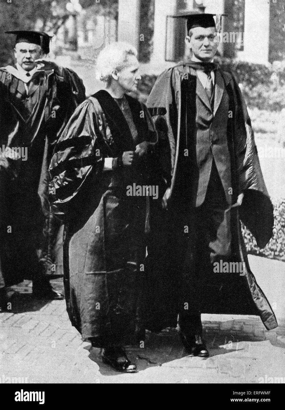 Marie Curie with Dean Pegram, Dean of the School of Engineering at Columbia University, 1921. MC: Polish-born French physicist Stock Photo