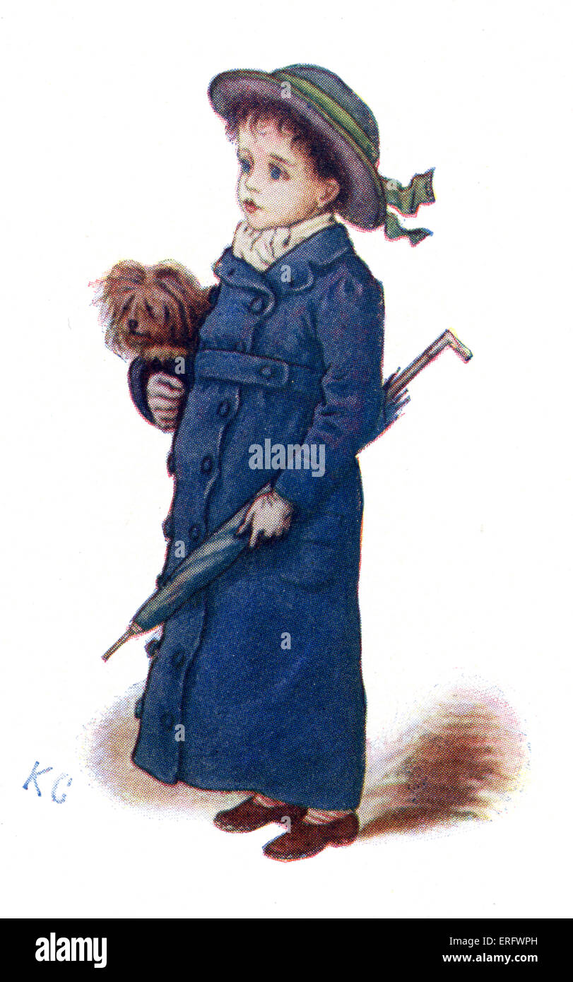 'Christmas Cards'  by Kate Greenaway. Victorian boy with blue winter coat and umbrella. Stock Photo