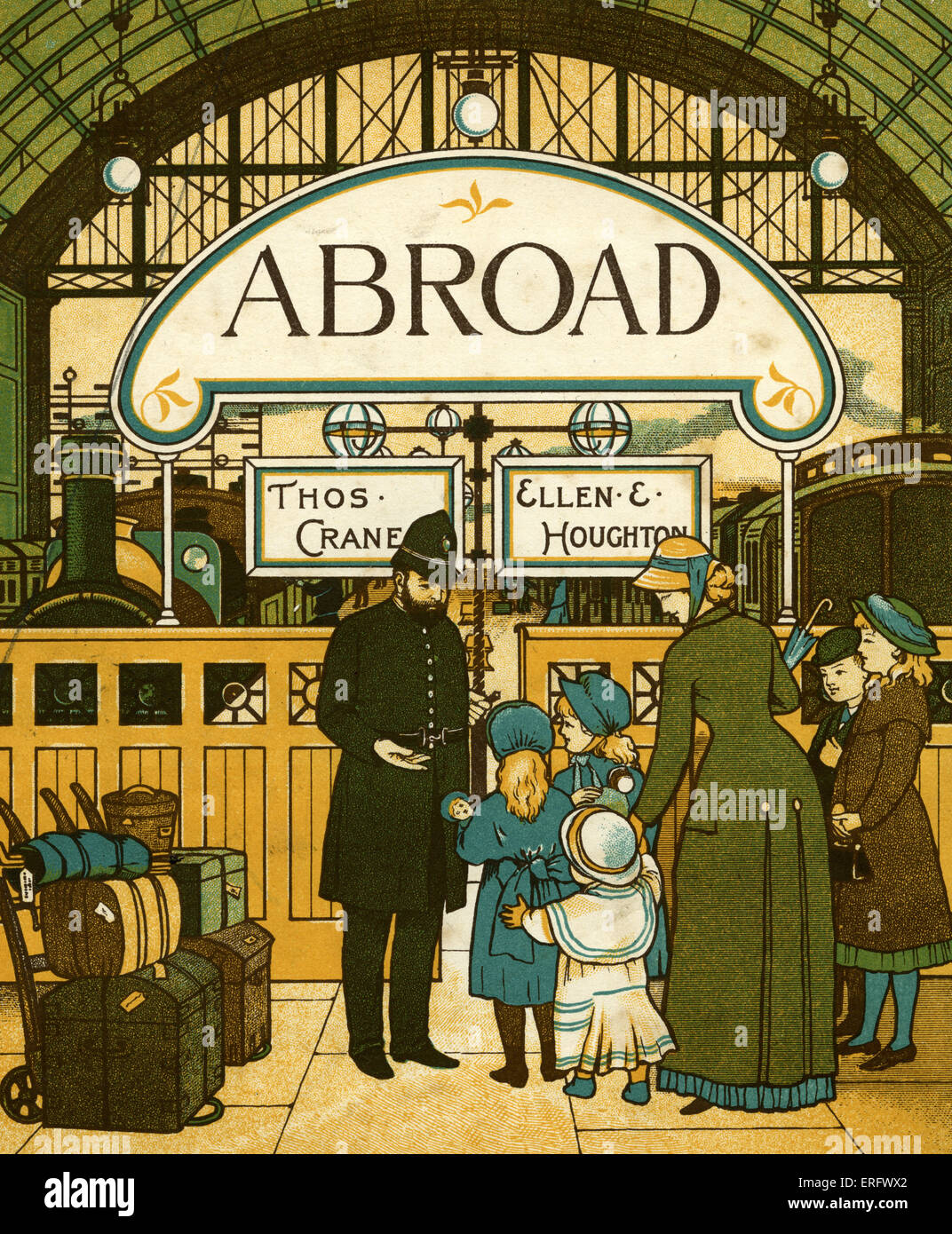 Victorian holidays - boarding the train at the train station in London. Abroad  title page. by Thomas Crane and Ellen E Stock Photo
