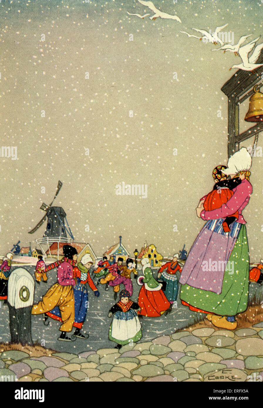 Dutch children skating on frozen river wearing traditional Dutch costume.  Illustrated by Edna Cooke. Caption reads 'The ice Stock Photo