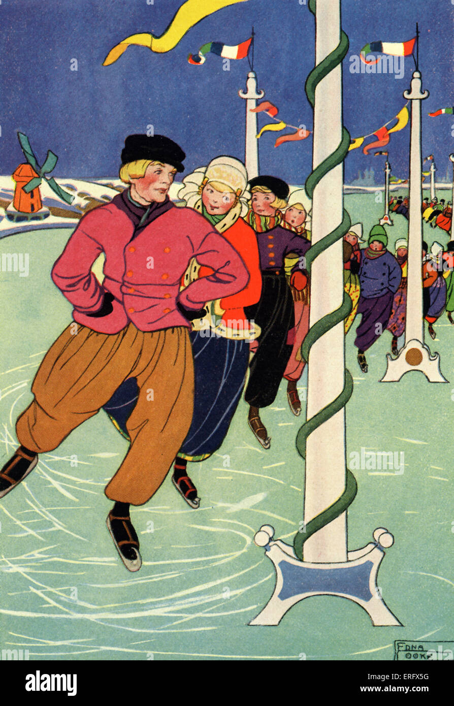 Dutch children skating  in a long line on frozen river wearing traditional Dutch costume.  Illustrated by Edna Cooke. Caption Stock Photo