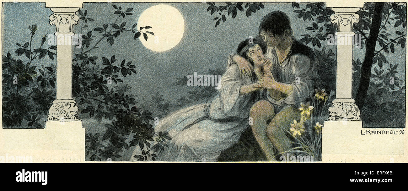 Couple embracing the the light of the moon. Drawn by L. Kainradl, 1896.(expression of love. Stock Photo