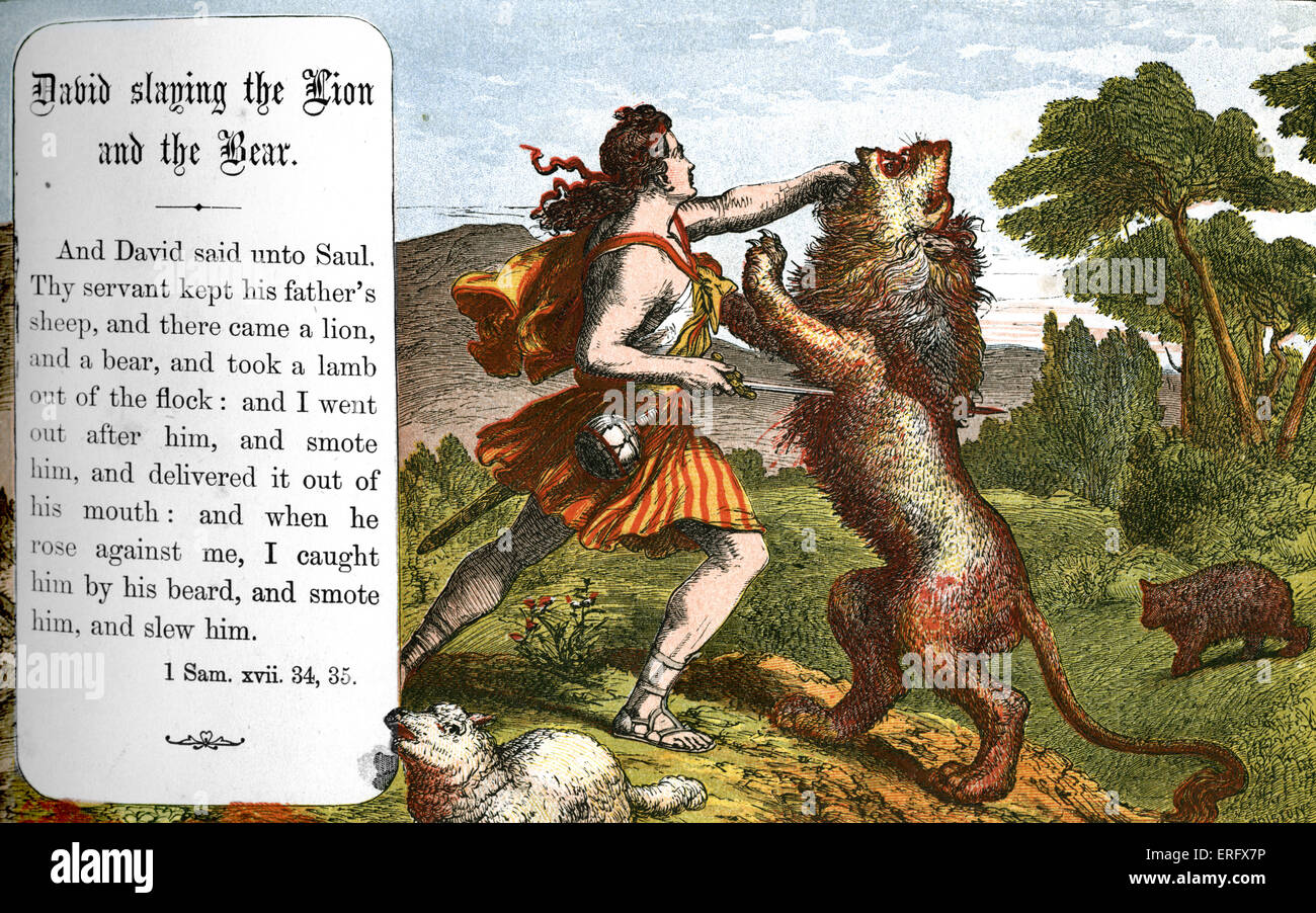 David slaying the lion and the bear. 1 Samuel Chapter XVII, verse 34
