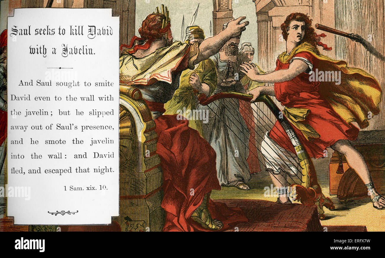 Saul seeks to kill David with a Javelin.  1 Samuel Chapter XIX, verse 10.  Saul, first King of Israel,  misses and David Stock Photo