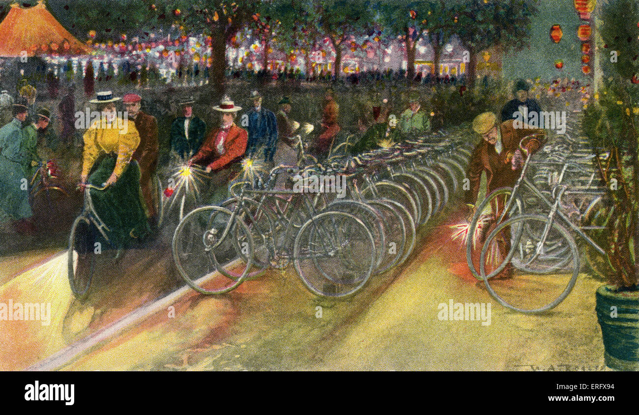 Cyclists in New York, 1890s. Caption reads: 'Riverside Drive was radiant with the multi-coloured headlights of returning Stock Photo