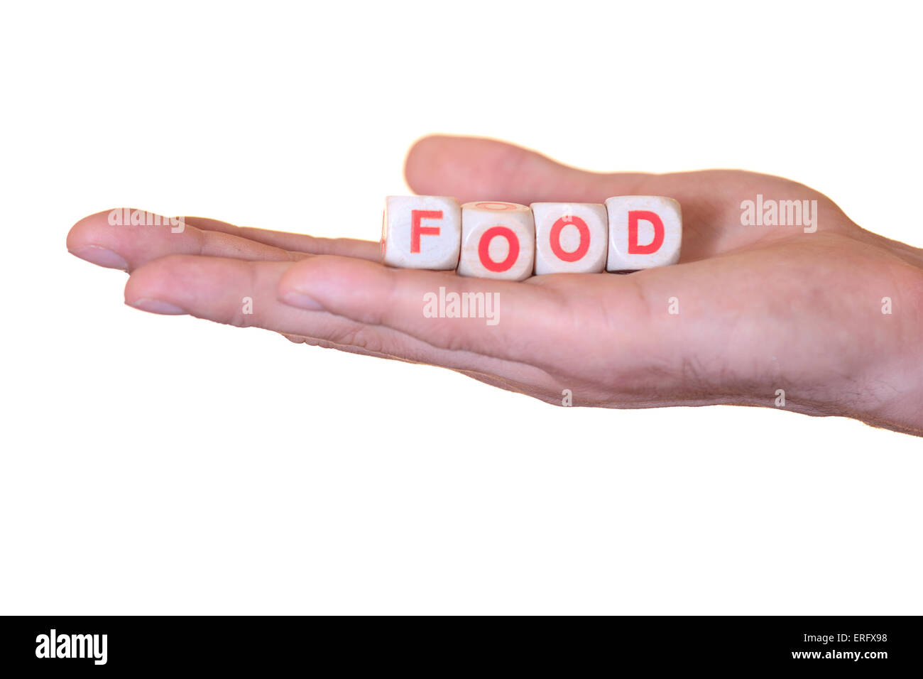 The word food written with wooden dice on the he palm of the hand. Isolated on white background Stock Photo
