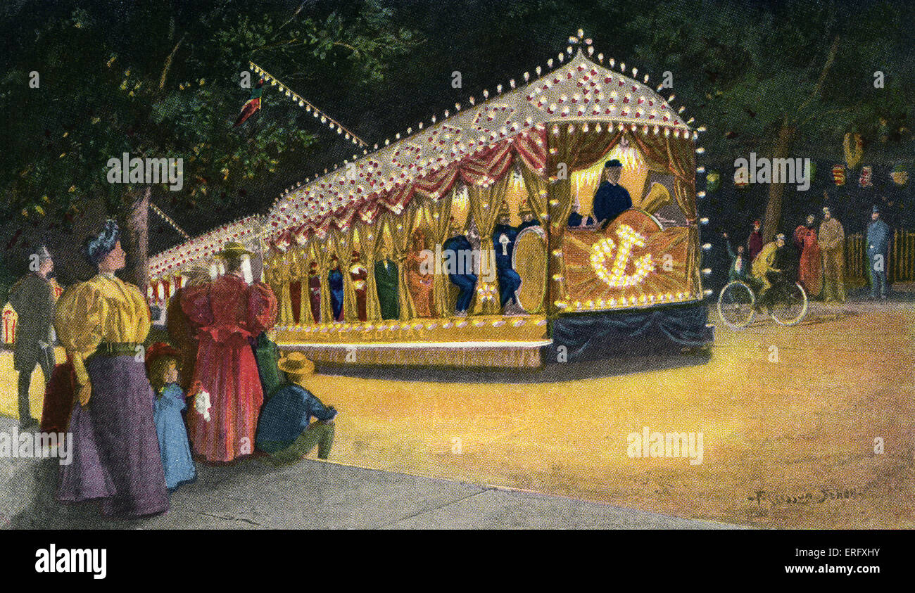 Nineteenth-century American tram, New York. Caption reads: 'Do you remember when we went joy riding in trolley cars all lighted Stock Photo