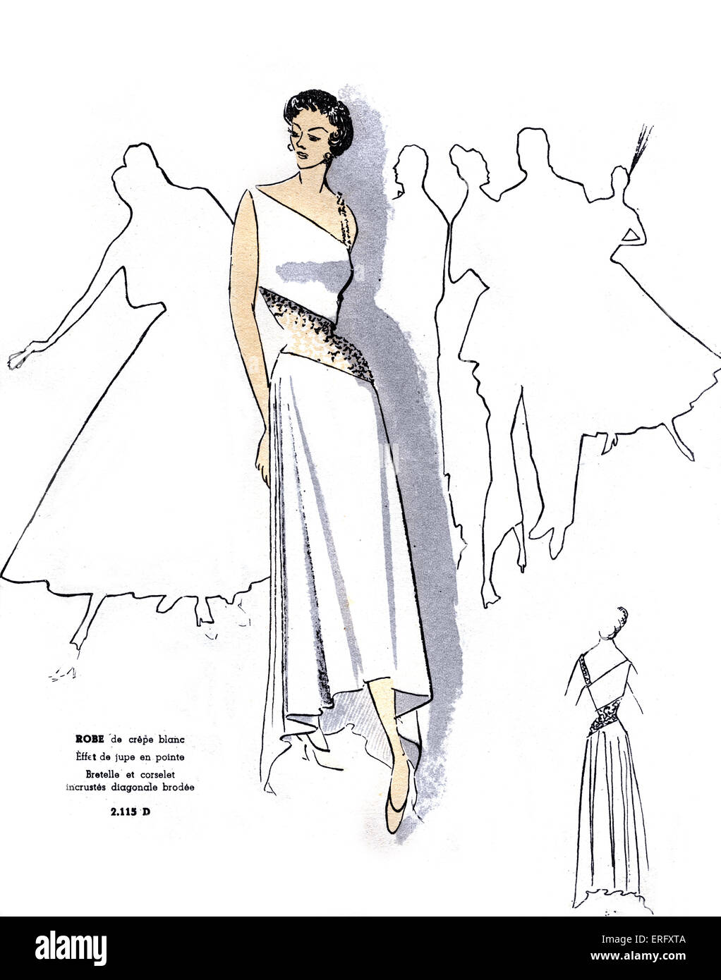 French fashion, white crepe evening dress design/ Robe de crêpe blanc. For the late 1940s. Strap and corselet inlayed with Stock Photo
