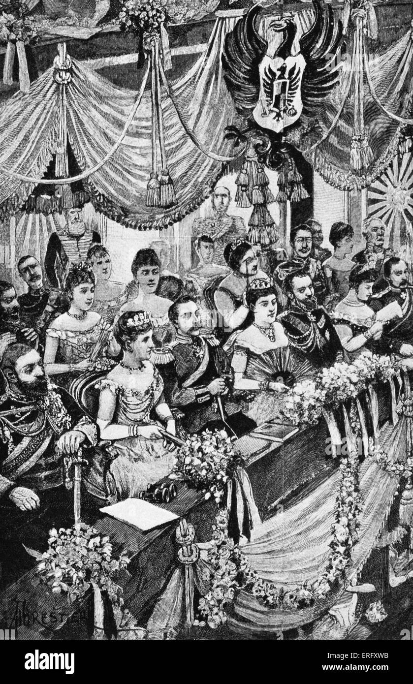 London - audience in royal box at the Covent Garden opera, late 19th century. Queen Victoria with Prince Albert and visiting Stock Photo