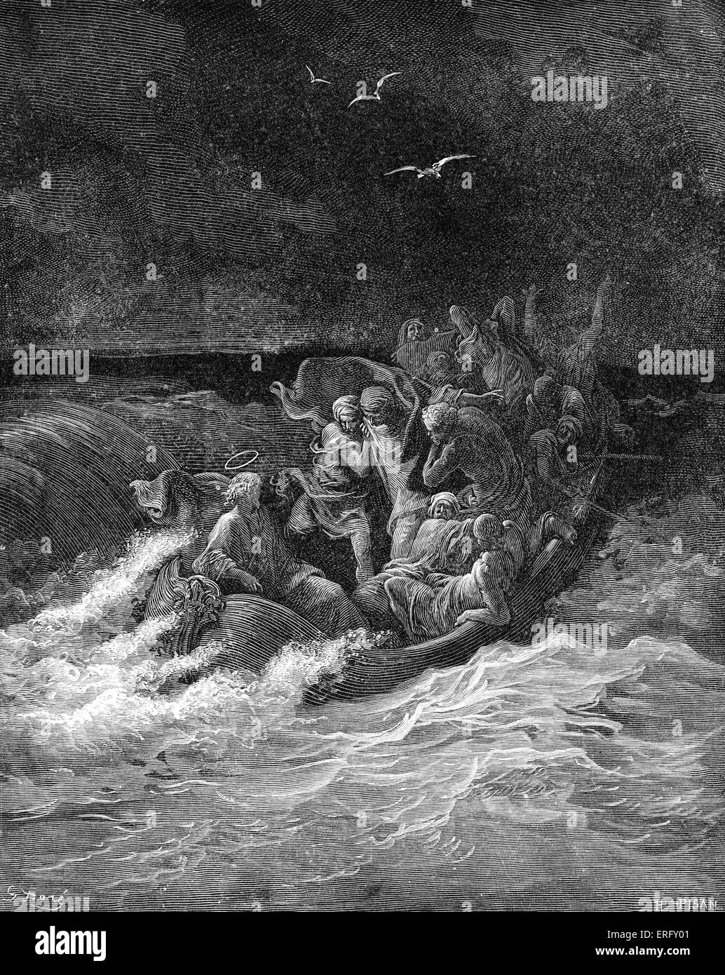 Jesus calms the storm. 'But He was in the stern, asleep on a pillow. And they awoke Him and said to Him, 'Teacher, do You not Stock Photo