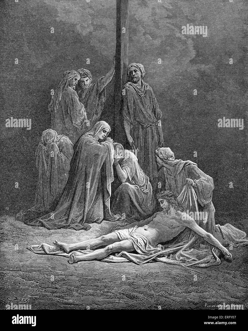 The dead Christ, surrounded by Mary and the disciples. Stock Photo