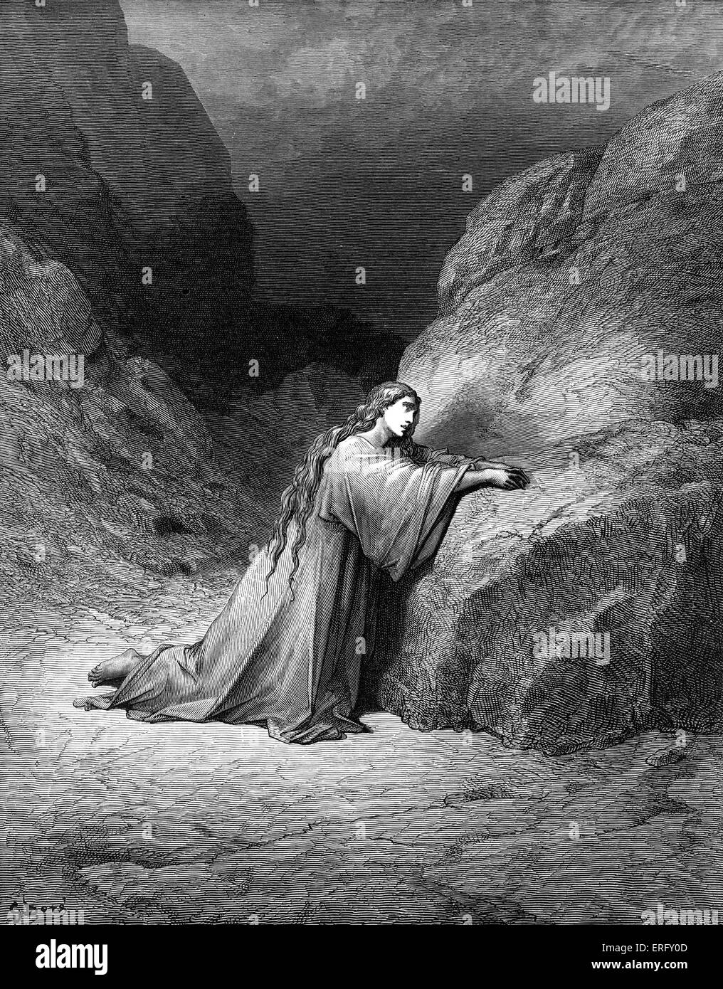 Mary Magdalene, the repentant sinner. Nineteenth-century engraving by Gustave Dore, 1832 - 1883. Stock Photo