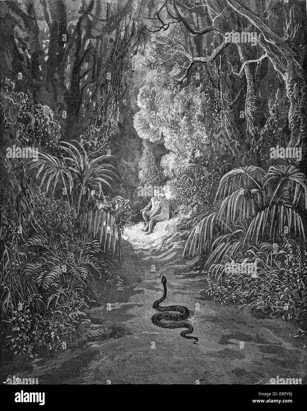 Paradise Lost, by Milton: Satan, disguised as a serpent, approaches Eve (Doré depicts Adam too) in a glade of light: 'his head Stock Photo